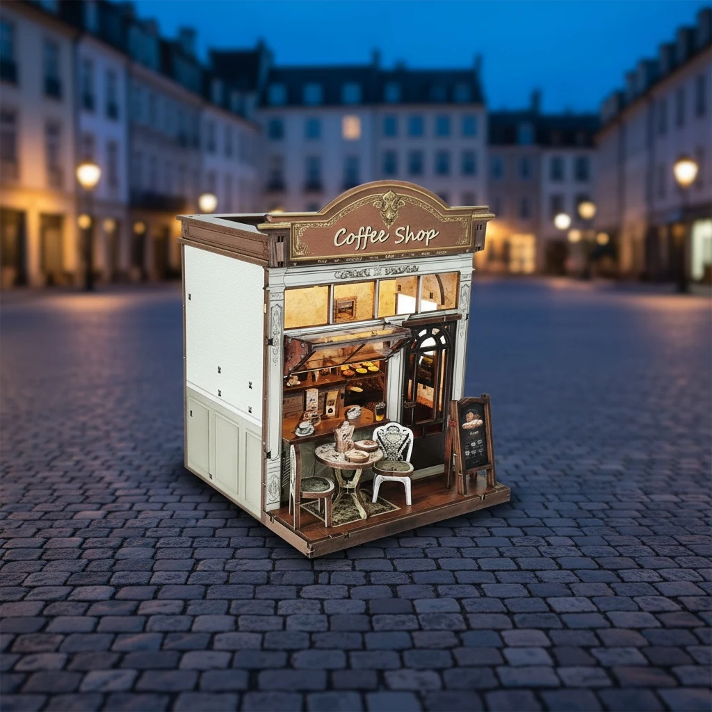 مجموعة منزل مصغرة DIY "عداد المقهى" ثلاثية الأبعاد من OUZEY - نموذج مقهى خشبي، هدية تجميع ألغاز إبداعية #6