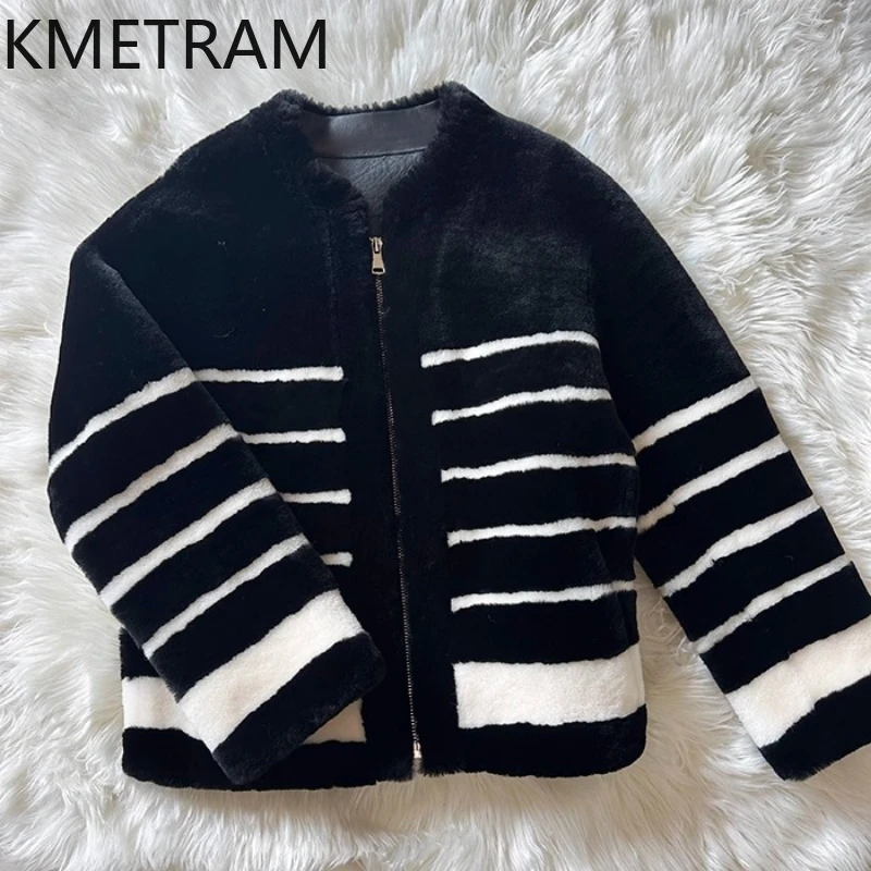 100% natuurlijke merinowol schapenvacht dubbelzijdig bontjas vrouw zwart en wit echte bontjas dames winterkleding 2025ба