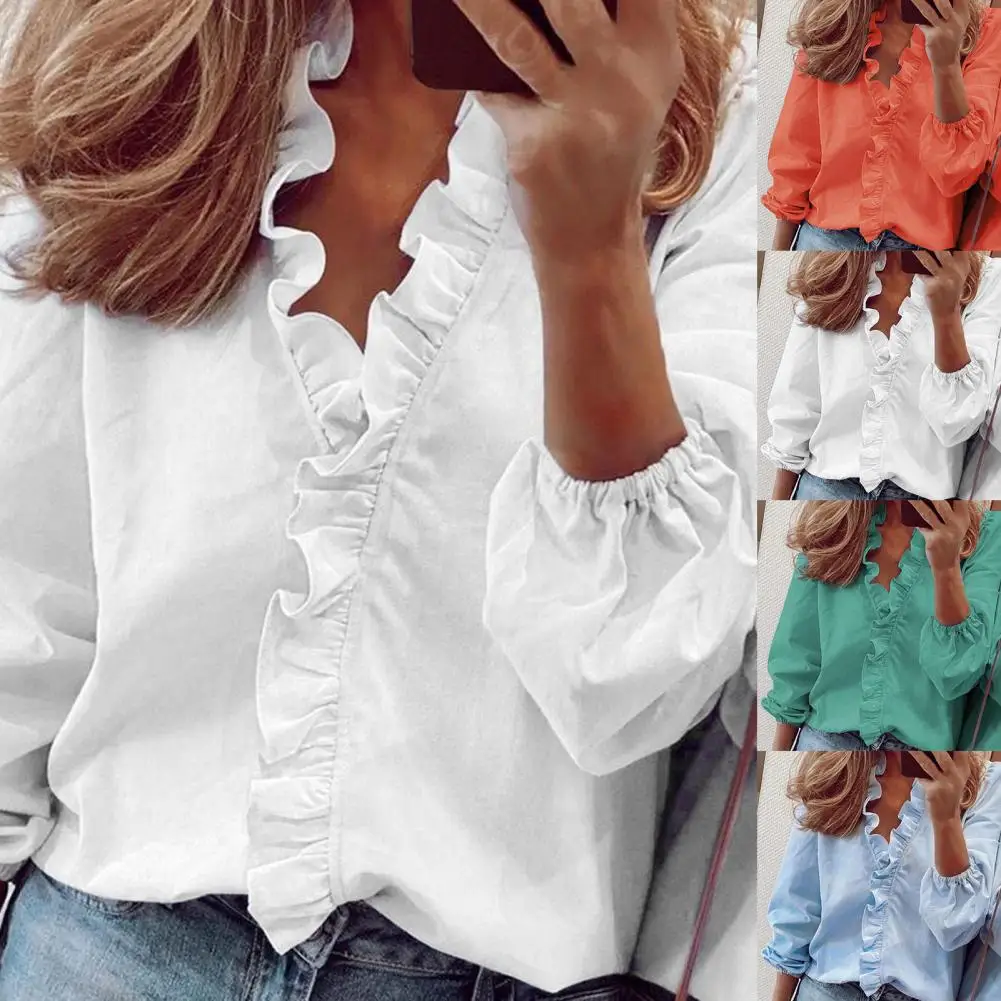 

Office Lady Shirt Solid Color Ruffles Spring Summer Women Top Temperament Elastic Cuff Blouse Streetwear Camisa For Daily Wear