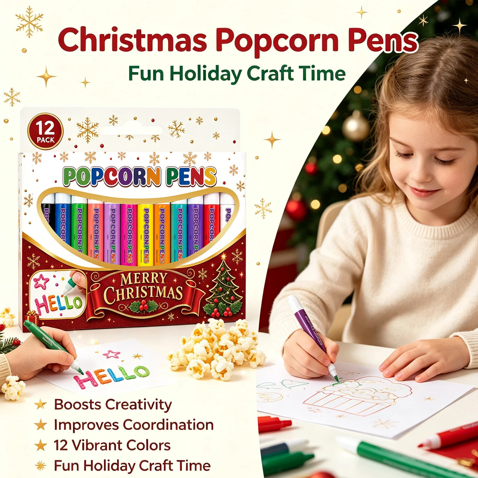 Christmas Popcorn Pen Puffy Paint Heat Activated 3D Drawing Tool Neon Colors Fast Drying Safe Formula Arts Crafts Holiday Gift