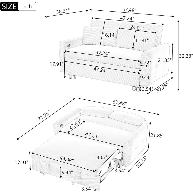 Merax Pull-Out Sofa Bed with Adjustable Backrest and Two Throw Pillows, 2 Seat Loveseat Lounge & Type C and USB Ports, 3 in 1 Co