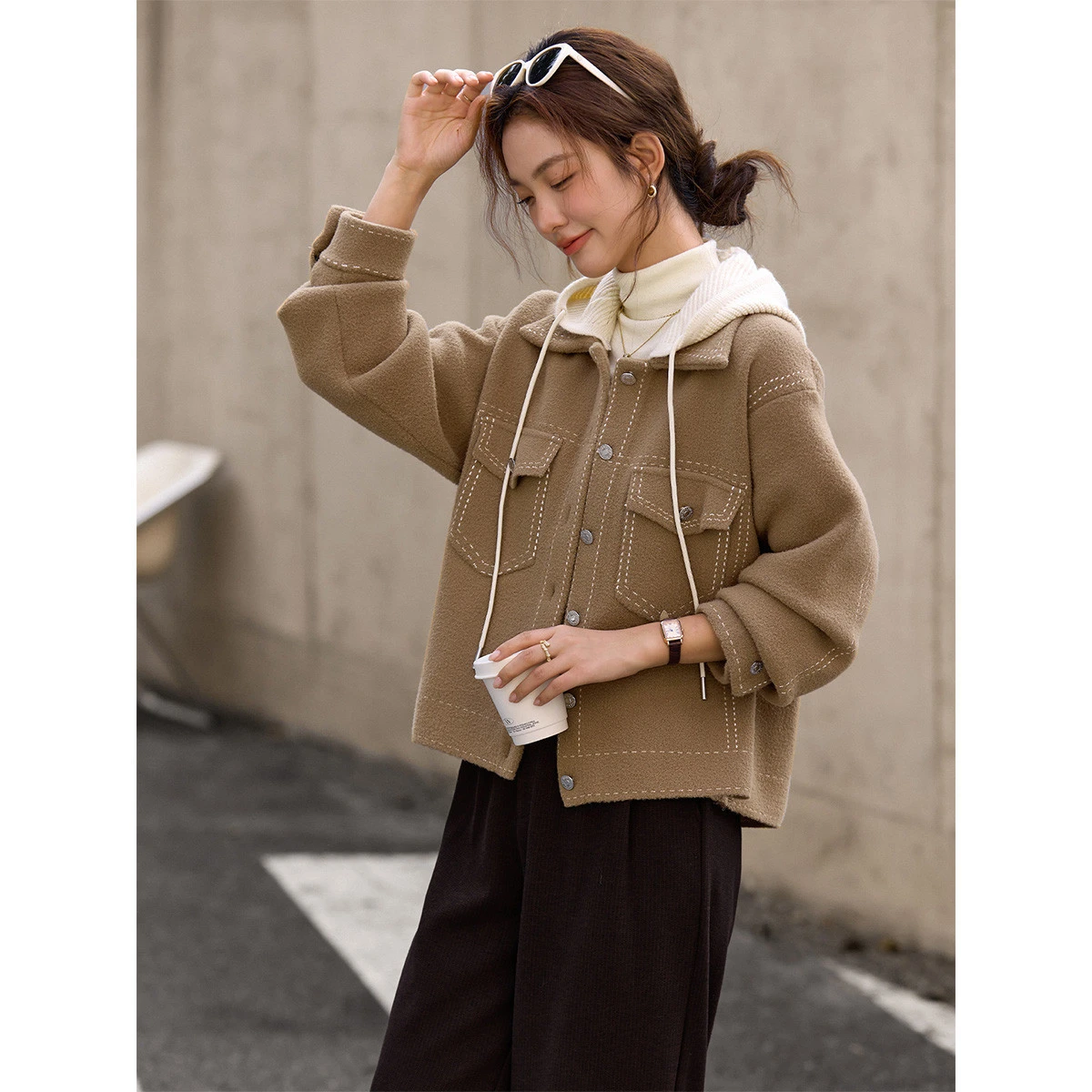 VIMLY Damenmantel 2025, neue abnehmbare Kapuze, kontrastierende Spleißen, sichtbare Nähte, Jacken, vielseitige Damen-Winterkleidung 30580