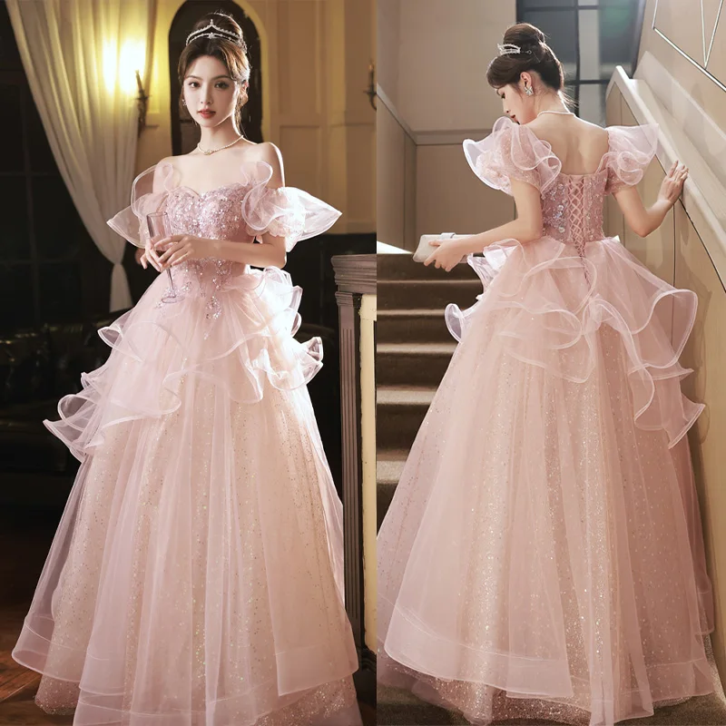 

It's Yiiya Pink Sequins Tulle Boat Neck Ruched Floor-Length Short Sleeves Lace Up A-Line Formal Dress Dress Woman Party A2815