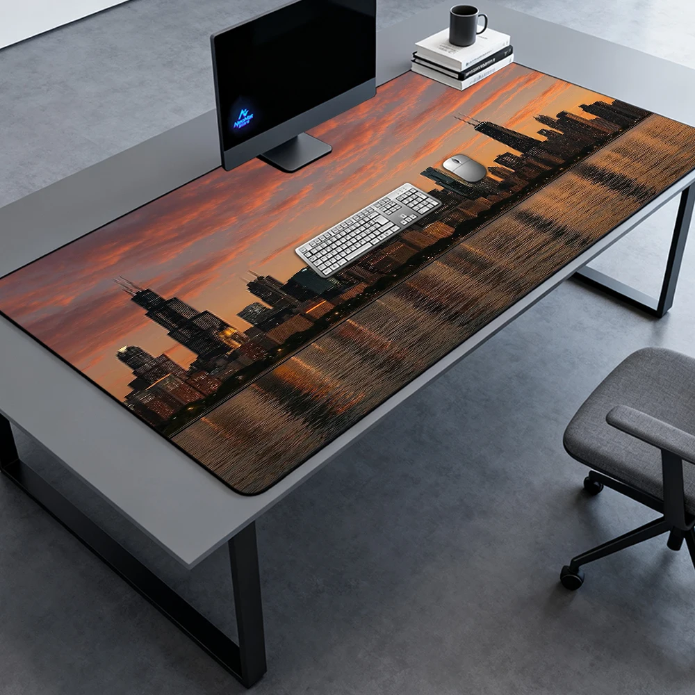 Sunset Desk Mat Desk Pad Large Chicago 160x60 Full Playmat Gaming Cityscape Mousemat Mousepad Waterfront Reflection Accessories