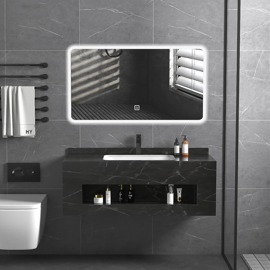 Black Artificial Stone Wall Mounted Lavabo Hand Wash Basin Vanity Bathroom Modern Floating Top Cabinet Sink