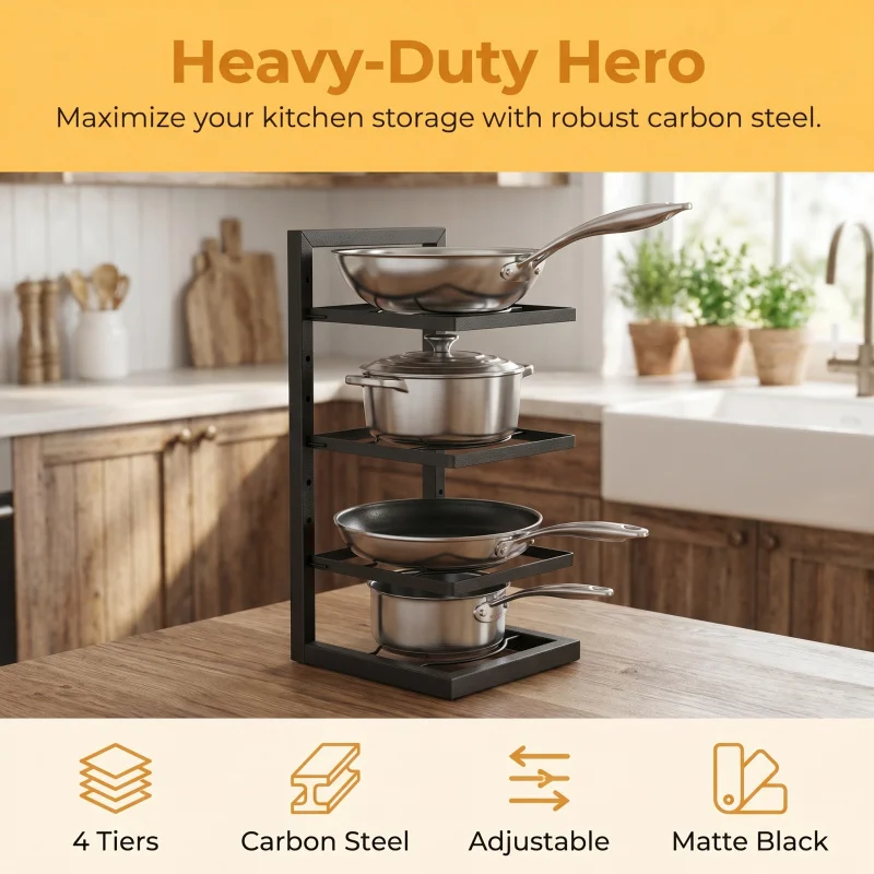 Multi-Layer Adjustable Pot Rack Organizer, Stainless Steel Kitchen Shelf, Durable Household Storage for Pots Pans and Cookware