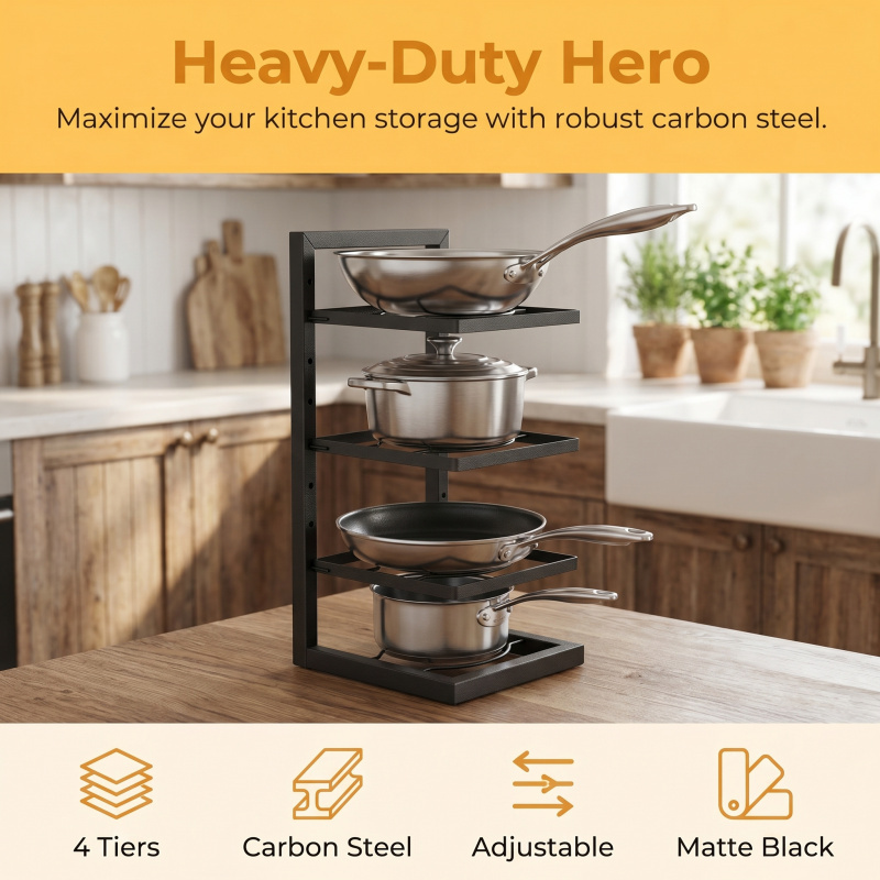  Multi-Layer Adjustable Pot Rack Organizer, Stainless Steel Kitchen Shelf, Durable Household Storage for Pots Pans and Cookware 