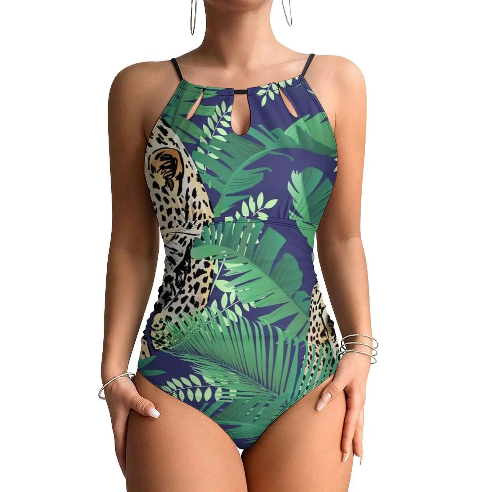 Jungle Cheetah Swimsuit Leopard Skin Green Leaves Print One Piece Swimwear Push Up Novelty Bathing Suits Sexy Sport Bodysuit
