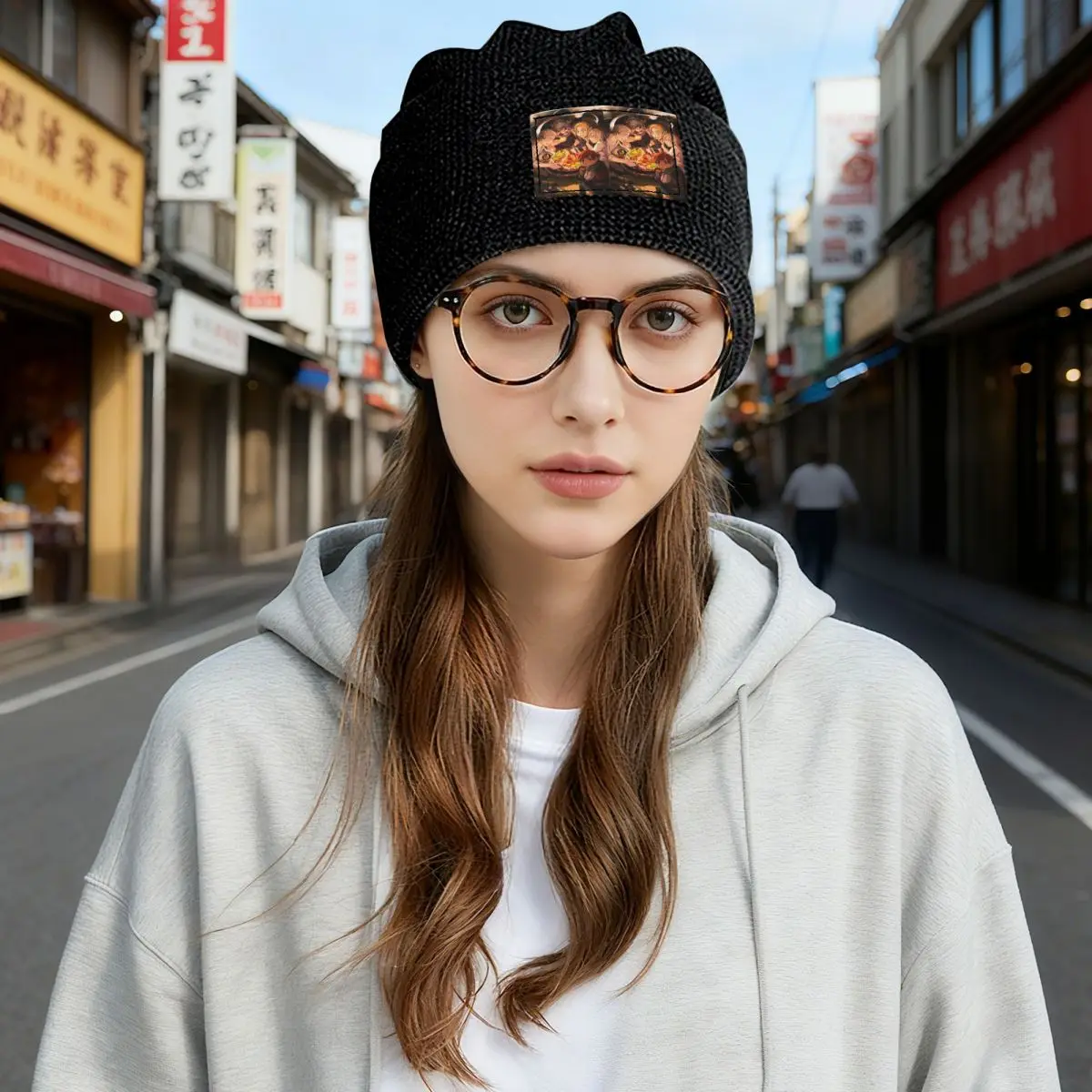 Delicious In Dungeon Waffle Knit Fleece Lined Beanie with PU Leather Patch Unisex Warm Winter Soft Cap