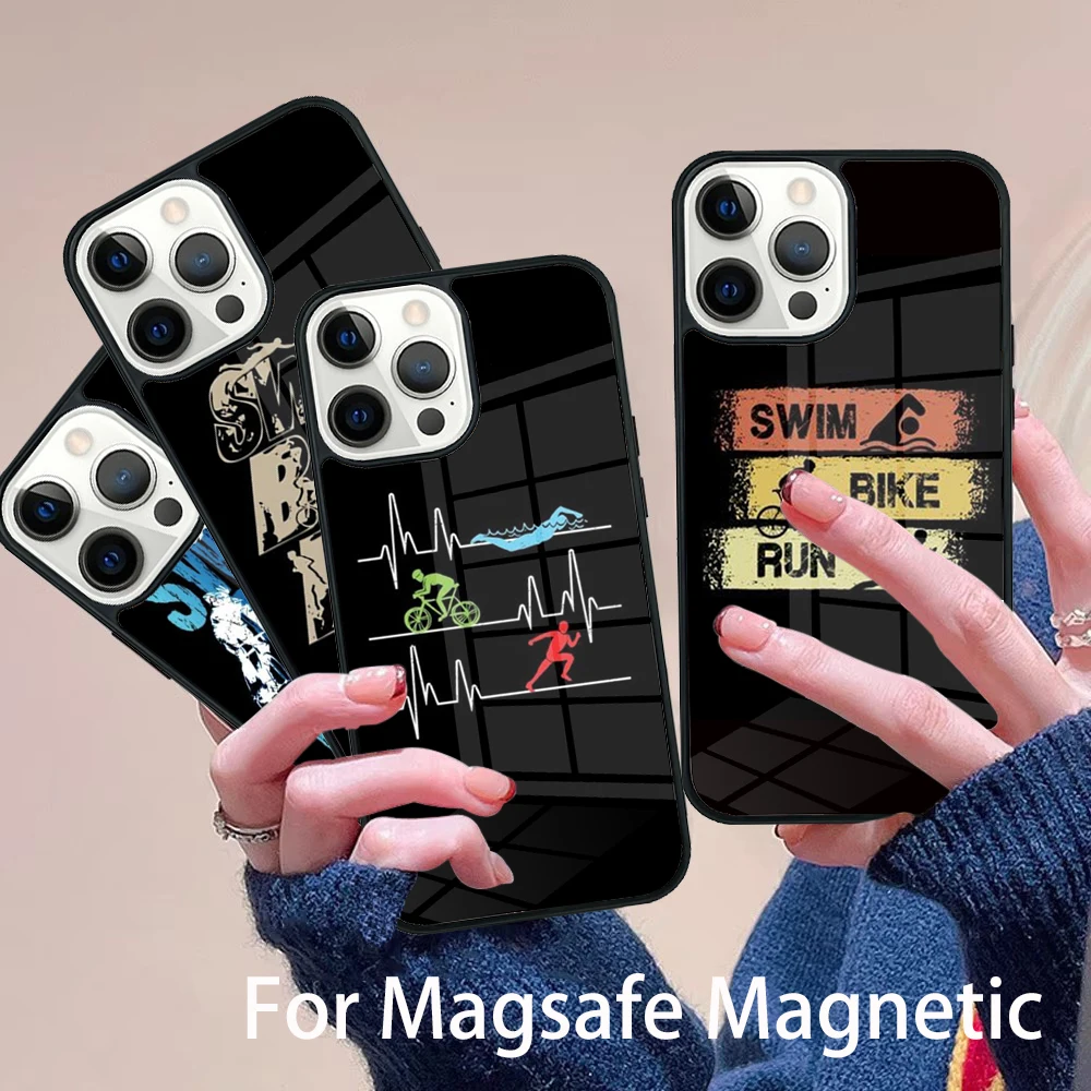 

Tri Life Swim Bike Run Phone Case Magesafe Magnetic Wireless Charge Cover For IPhone 16 11 12 13 14 15 Pro Max Plus Mini