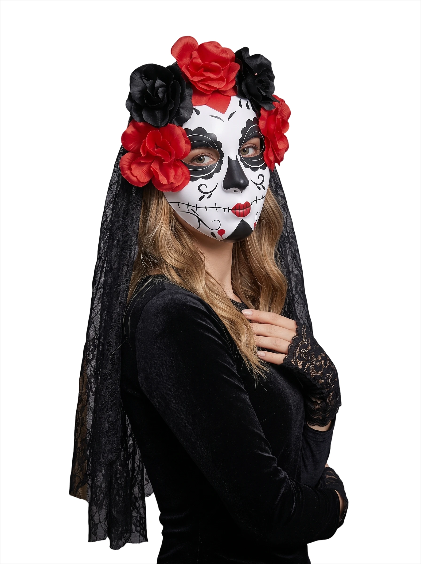 Halloween Day of The Dead Mask Veil Flower Lace Gloves Sugar Skull Cosplay Accessory Set view 6