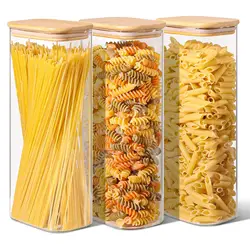 Rectangle  Storage Containers Jars with Bamboo Lids, Clear Food Storage Jar, Pantry Kitchen Organizer for Pasta Flour Oats Nuts