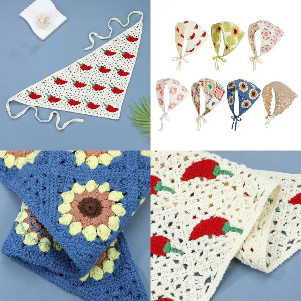 

A52E French Crochet Headscarf Hairband for Women Hair Bandanas Ethnic Decorative Headband Bohemian Flower Photo Hair Scarf