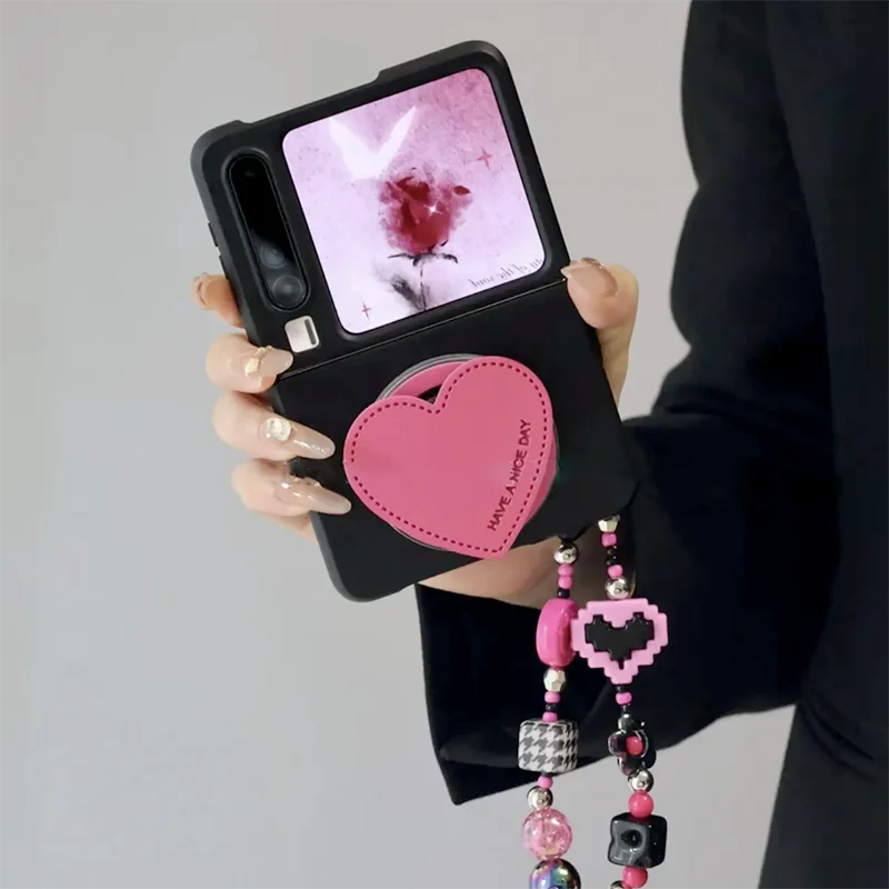 

For Samsung Z Flip 6 5 Case with Rose Red Heart stand Magnetic Phone Cases for Xiaomi Mix Flip/Motorola Razr50ultra Cover Black