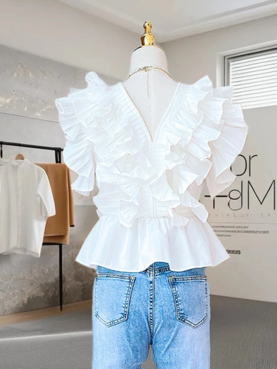 Bianco V-Ne Flounce Svel irt Donna Estate Fiocco di neve Bambola Dolce Top Coreano Sle Slim Fit Bottone Dettaglio Vita raccolta
