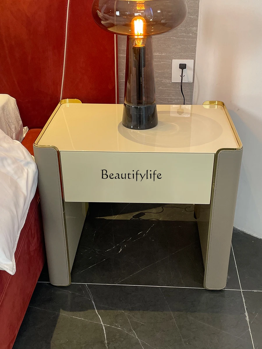 

Light Luxury Bedroom Bedside Table Light Gray Piano Paint Storage Side Cabinet Home Italian Modern Furniture
