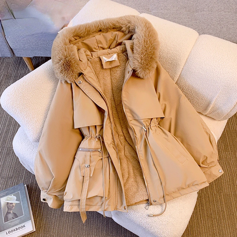 Fur-Collar Parkas Women Clothing Hooded Defined Waist Student Plus-velvet Winter Warm Zipper Korean Fashion Cozy Coats All-match