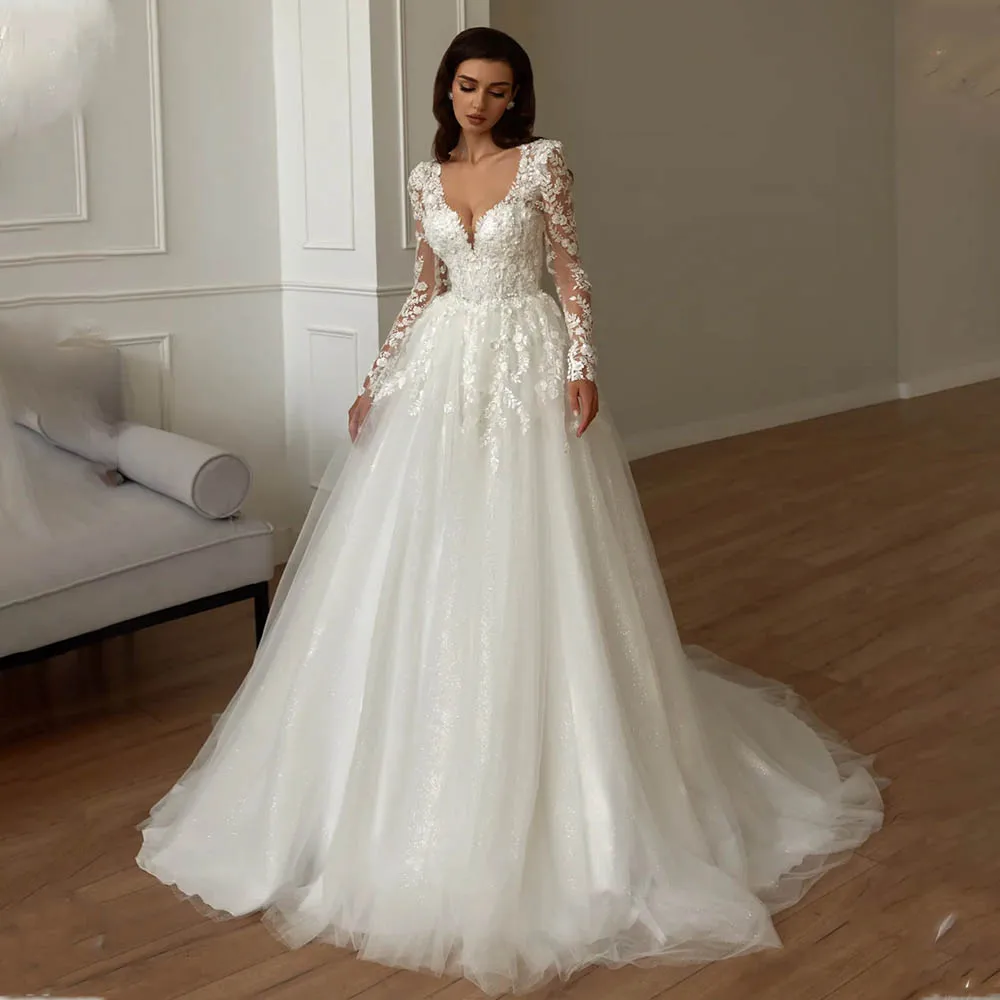 

Vintage Long Sleeves V-neck Lace Applique Bridal Grown A Line Wedding Dresses Custom Made 2026 Vestido De Noival