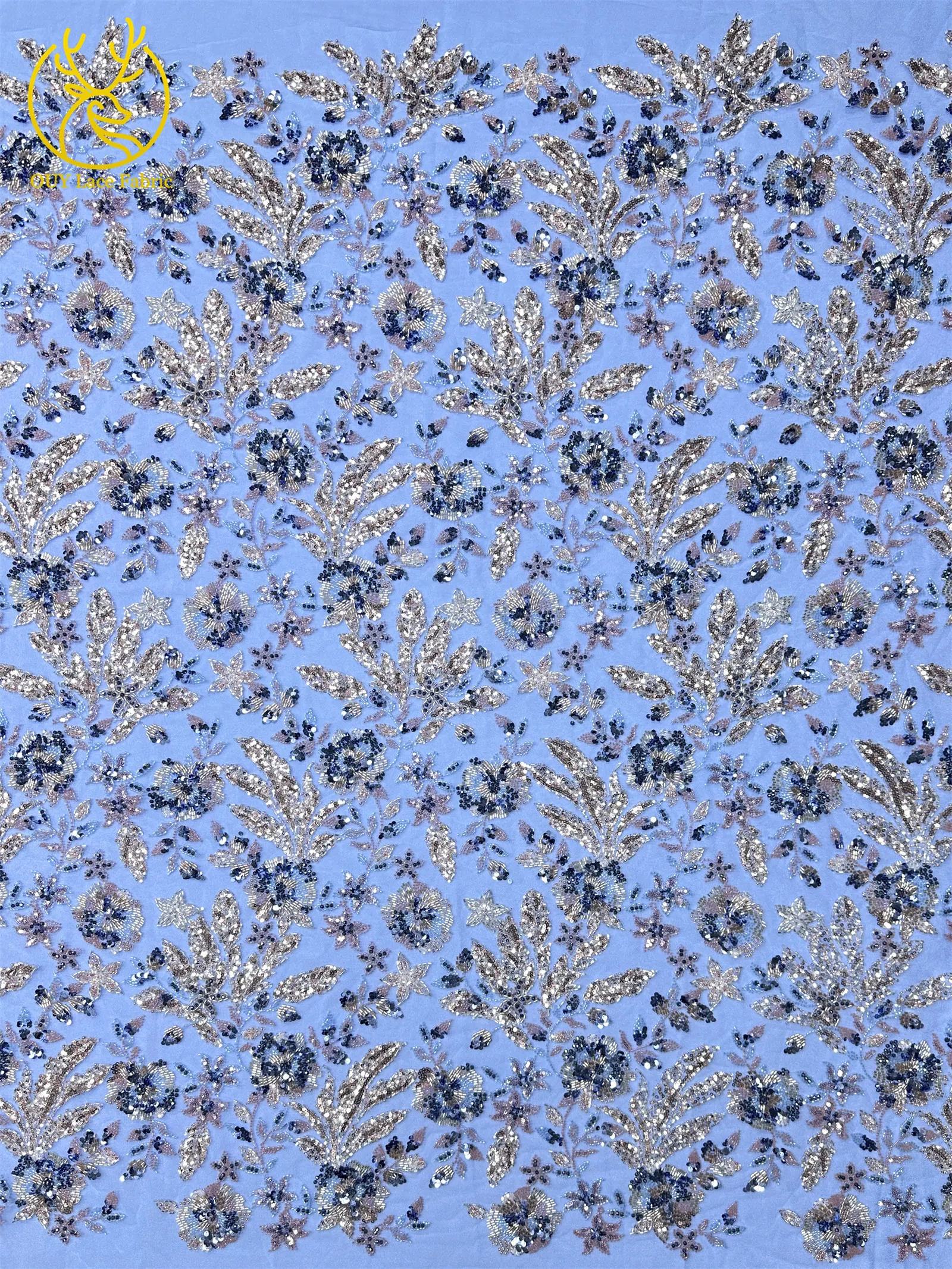 Modischer nigerianischer bestickter Perlen-Spitzenstoff, eleganter afrikanischer Pailletten-Netzstoff für Brautkleider und Partykleider zum Nähen – Detail 7