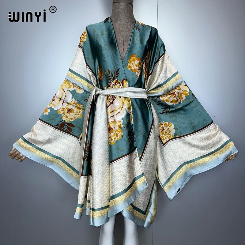 WINYI البوهيمي طباعة كيمونو ملابس الشاطئ النساء لباس سباحة التستر ماكسي سترة غرزة حزام الذاتي عطلة كم طويل طباعة معطف