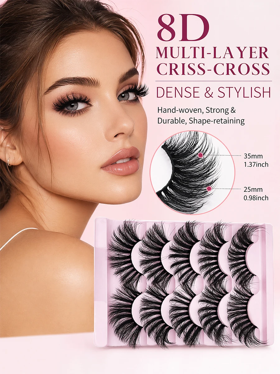 5 pairs of 25mm super fluffy false eyelashes with 8D dramatic extension design, massive volume + exaggerated curl, soft and not