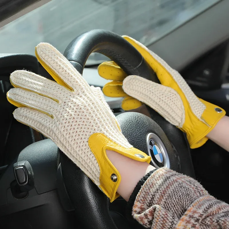 

Retro Motorcycle Gloves for Men and Women Sheepskin Locomotive Drivers Driving Knitted Mesh Touch Screen Leather Breathab