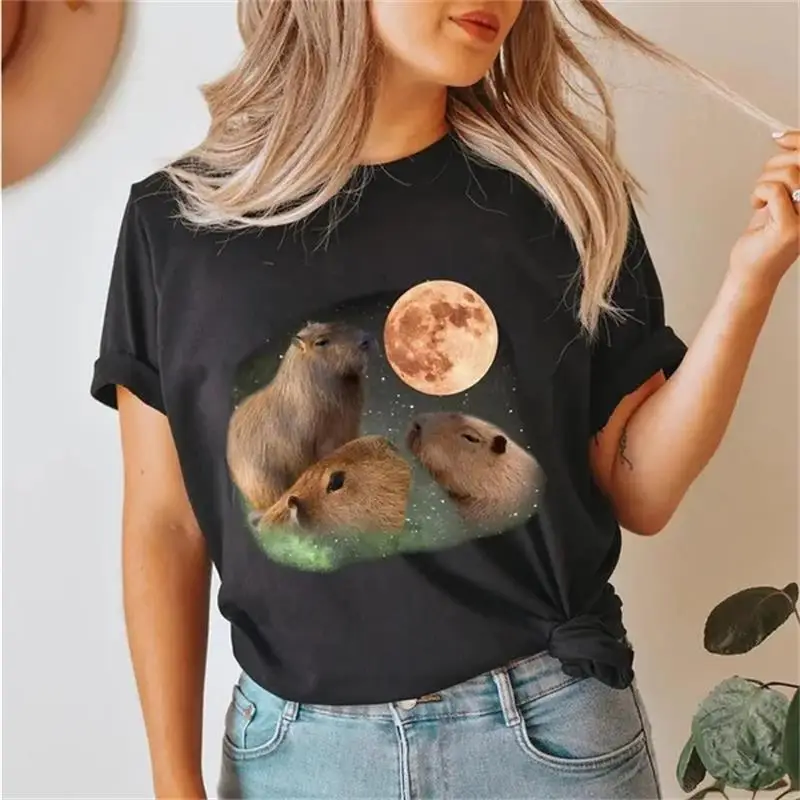 Capybara Graphic T Shirt Womens Clothing Polyester Men 3D Three Moon Capybaras Printed Tracksuits Cute Kids Short Sleeved Tops
