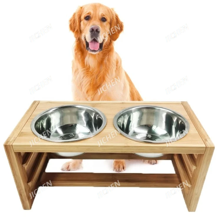 

Регулируемая по высоте поднятая бамбуковая сублимационная миска для собак, керамическая миска для домашних животных, деревянная кормушка для домашних животных с подставкой