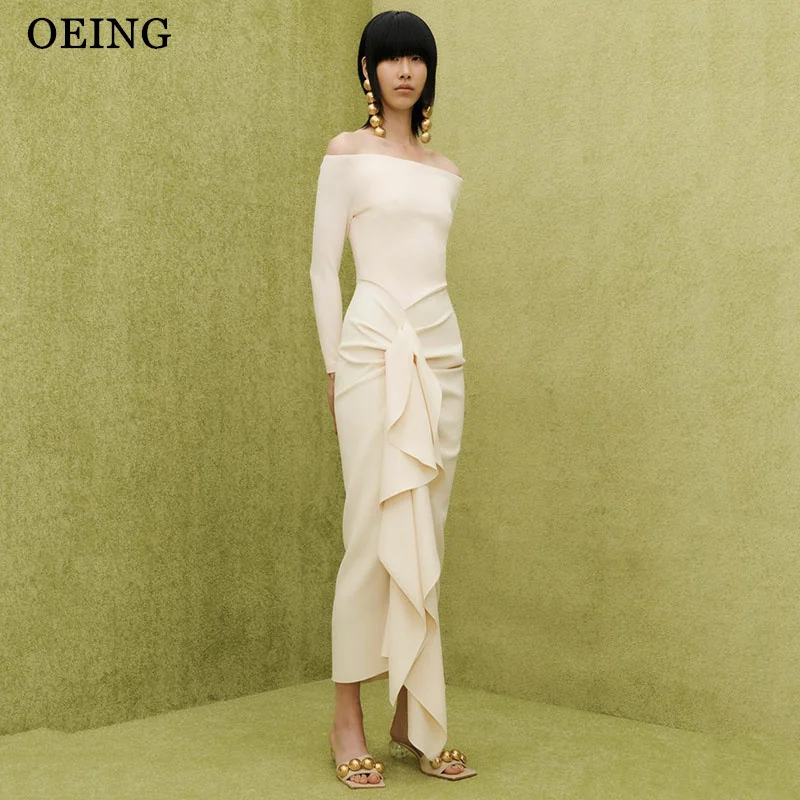 

OEING Simple Beige Mermaid Prom Dresses Off Shoulder Pleats Ruched Party Gowns Ankle Length Cocktail Dresses Customized