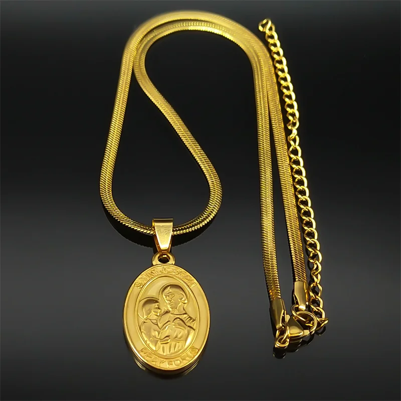 Vintage Religious SAINT JOSEPH Medal Necklace for Women Men Stainless Steel Gold Color Catholic Chain Jewelry colares NHH19S01