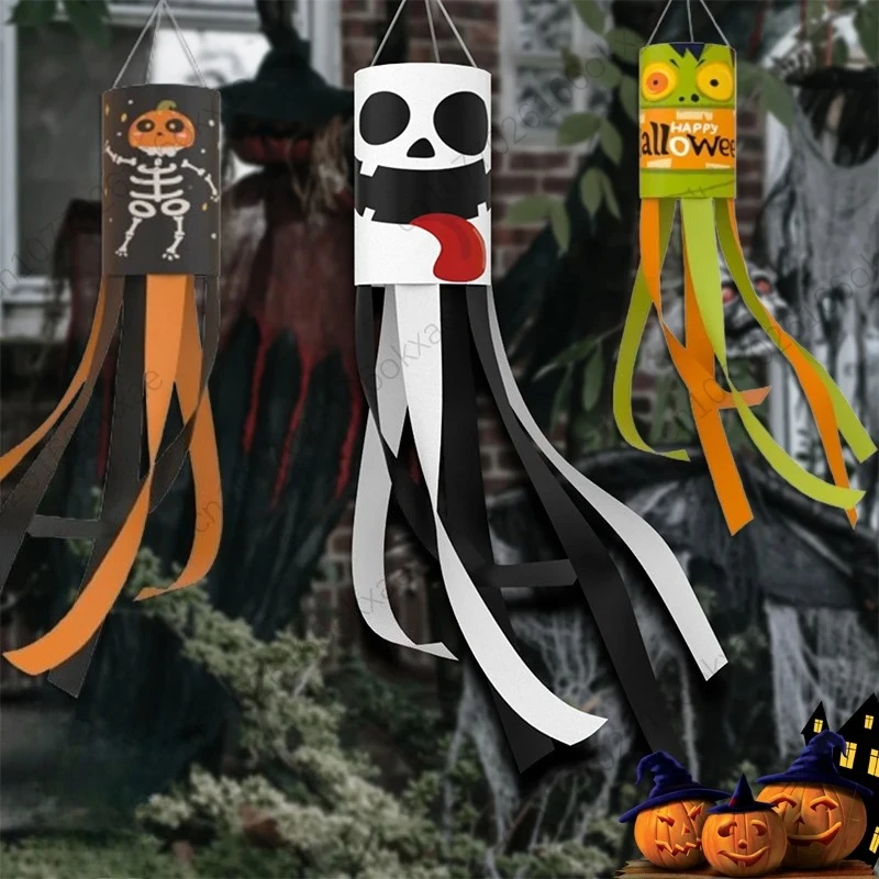 1-20PCS Halloween Ghost Windsock Flag Hanging Decoration Spooky Wind Sock for Yard Haunted House Party  Festival Outdoor Prop