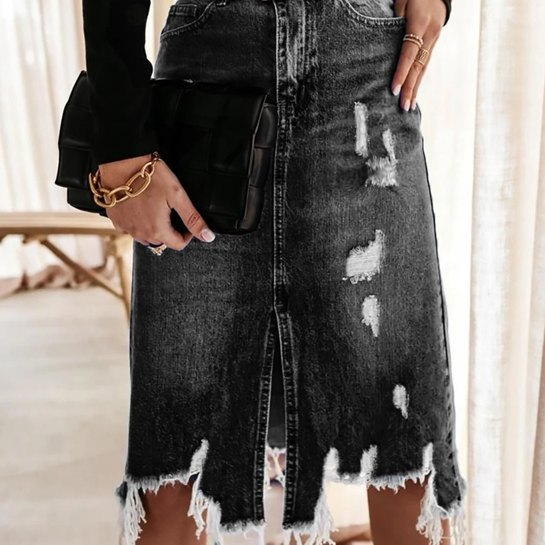 Y2k Blue Skirt Pocket Jeans Tassel Maxi Spring Autumn Slit Stretch Vintage Denim Club E-girl Streetwear Skirts Maxi Long Skirt