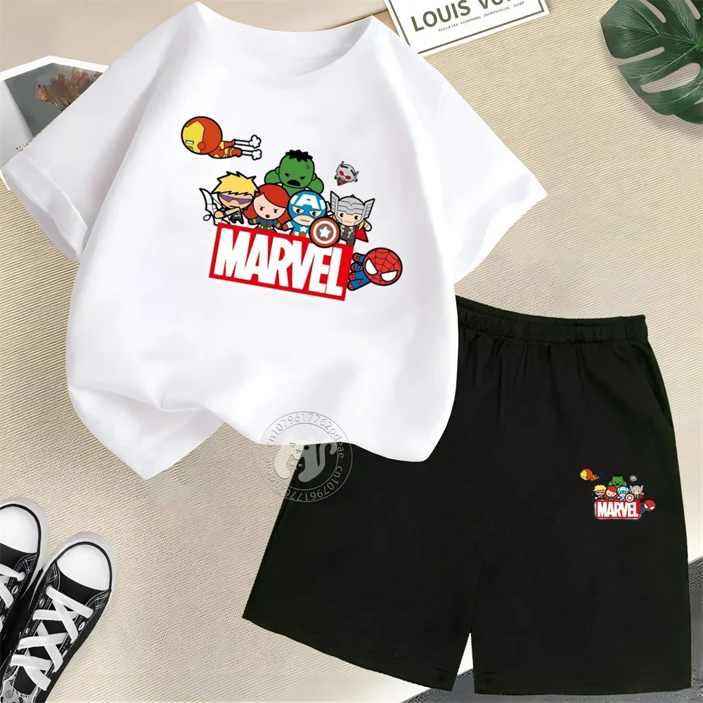 Superhero Kids Summer 100% Cotton Little Cartoon letter Print Teen Short Sleeve T-shirt/Shorts Boys Girls Street personality set