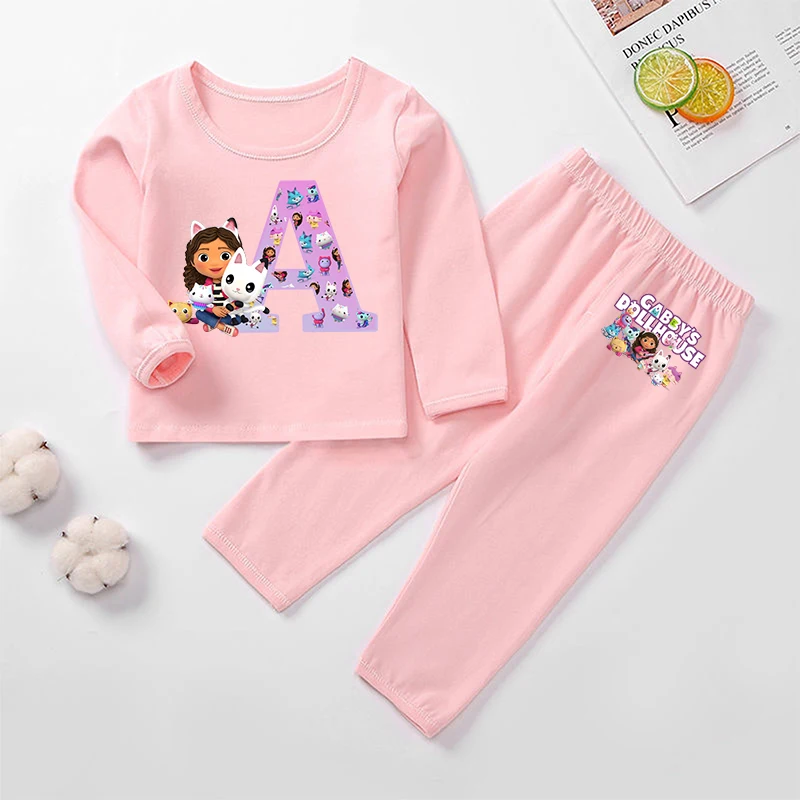 Gabby Dollhouses Girls Child Home Clothes Pajamas Winter Warm Thermal Underwear Long Sleeve Tops Trousers Set Loungewear Gifts