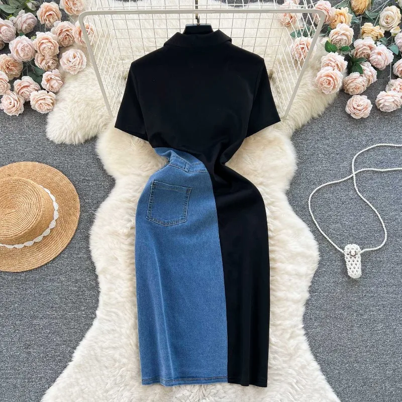Dress Women Retro Denim Skirt Designer Style Color Blocking Patchwork Slim Fit Mid-Length Short Sleeves Elegant New Comfortable
