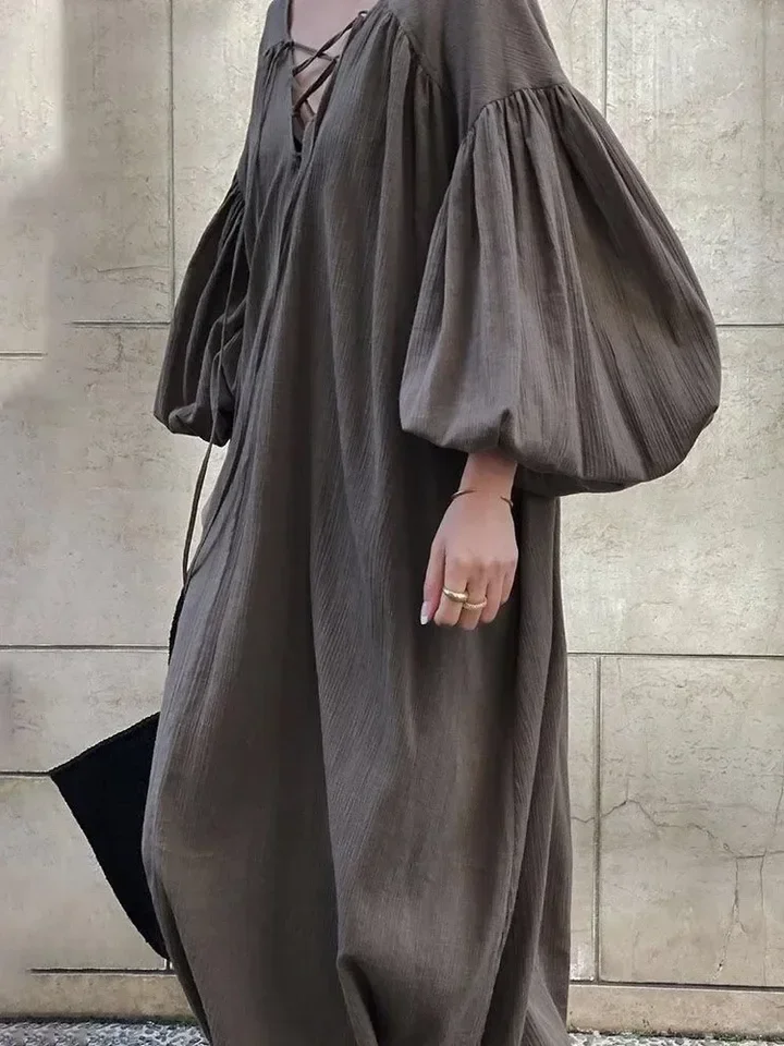 

Spring Long Cotton Linen Dress Women V-Neck Fashion Backless Korean Ladies Dresses Loose Pleated Lantern Long Sleeve Woman Dress