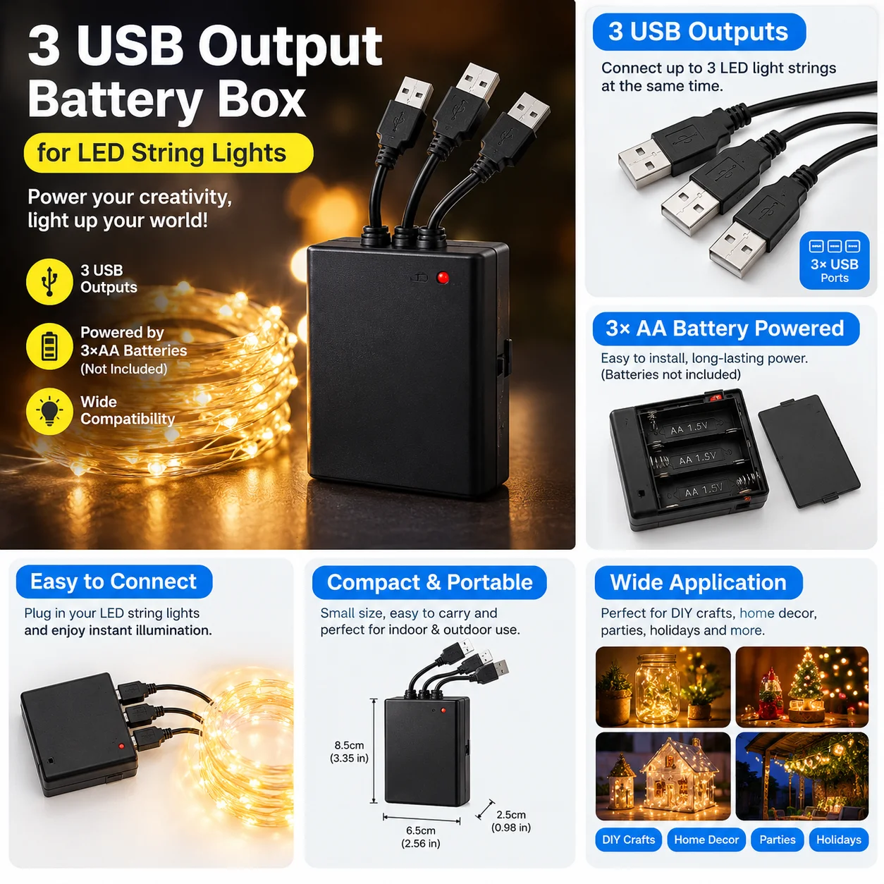 AA Battery Box with 3 USB Output Power Supply for Building Block LED Light Wires Model Lighting Accessory view 4