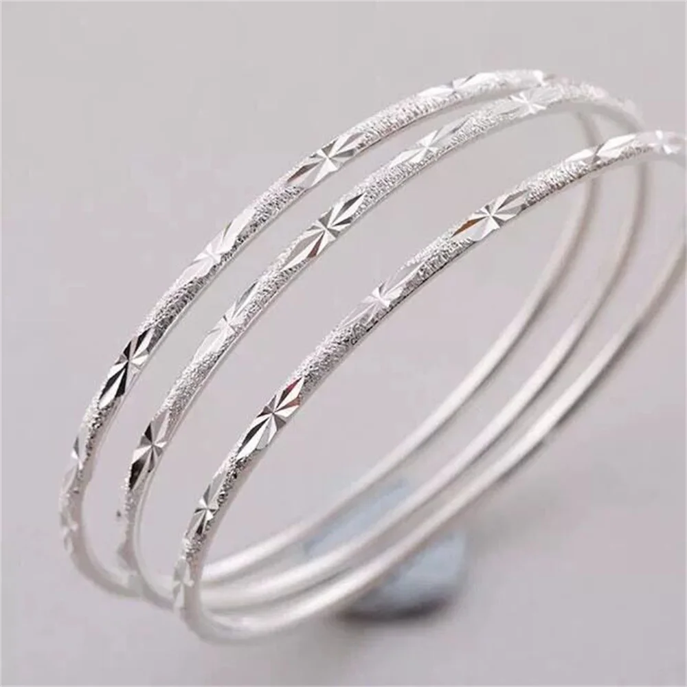 S999 Sterling Silver Triple Layer Closed Bangle for Women Star Pattern Thin Stackable Bracelet Minimalist Daily Jewelry Gift