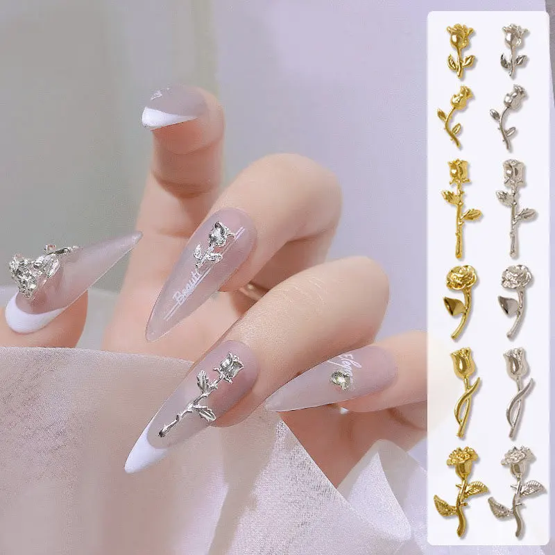 100pcs Gold Silver Flowers Alloy Metal Rivet Nail Art Parts Decorations Supplies Professionals Nails Accesorios Designs Charms