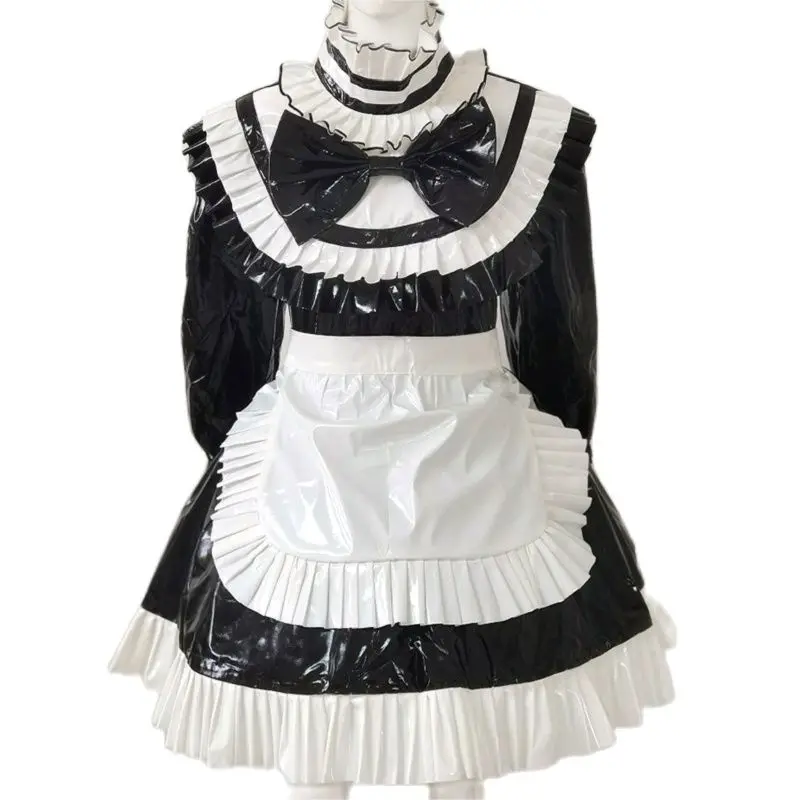 Adult Giant Baby Sexy Girl Black and White Color Matching Thin High Neck PVC Dress Sissy Japanese Maid Gothic Customization