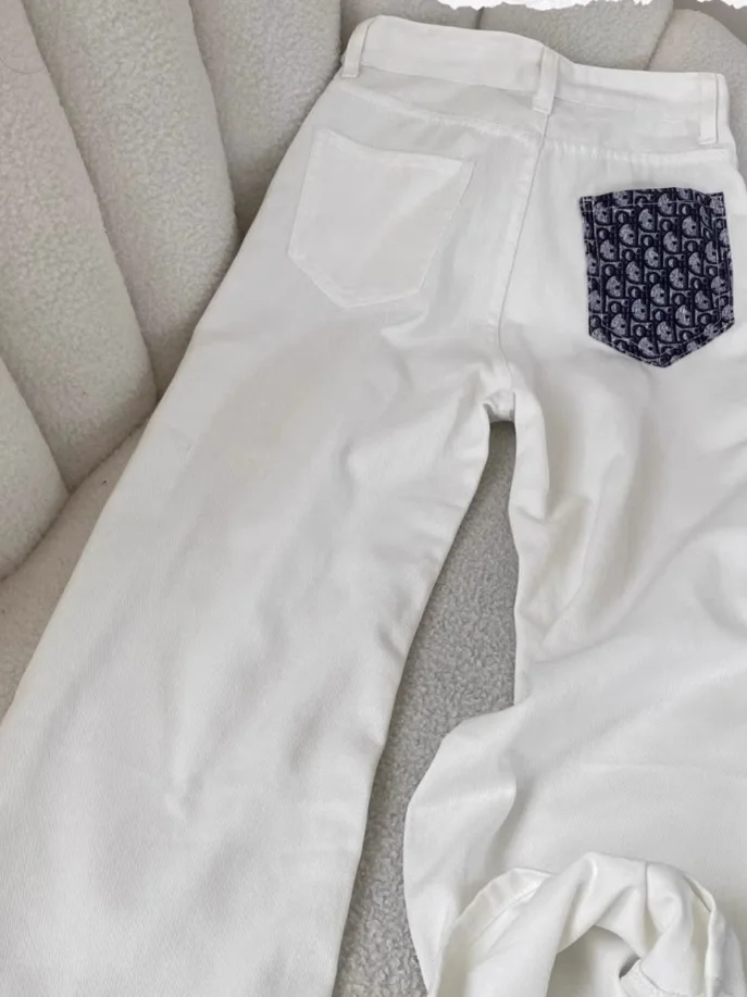 Jeans in denim a gamba dritta a vita alta da donna Primavera 2025 Nuova lettera Sle Splicing Pantaloni lunghi larghi a gamba larga Effetto dimagrante