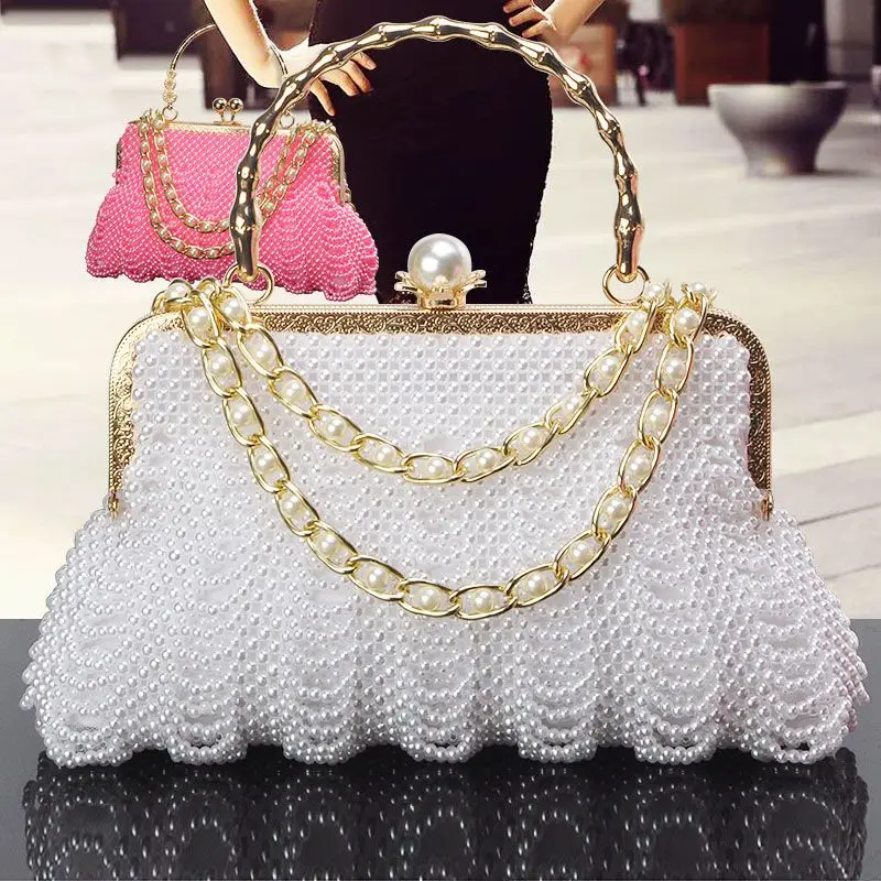 

Women Pearl Clutch Bags Crystal Handmade Beaded Evening Bag Wedding Chains Portable Crossbody Shoulder Bags Handbags Woman Q475