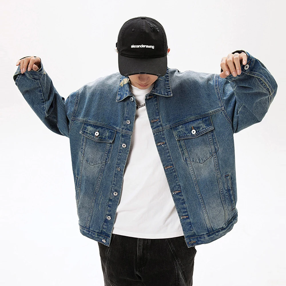 

Лидер продаж, осенне-весенняя мужская джинсовая куртка больших размеров, свободная куртка с отложным воротником и карманами, винтажная потертая куртка