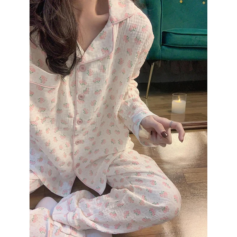 Floral Sleepwear Women Pajama Sets Korean Pants Sets for Women 2 Pieces Night Wear Autumn Turn Down Collar Casual Home Suit New