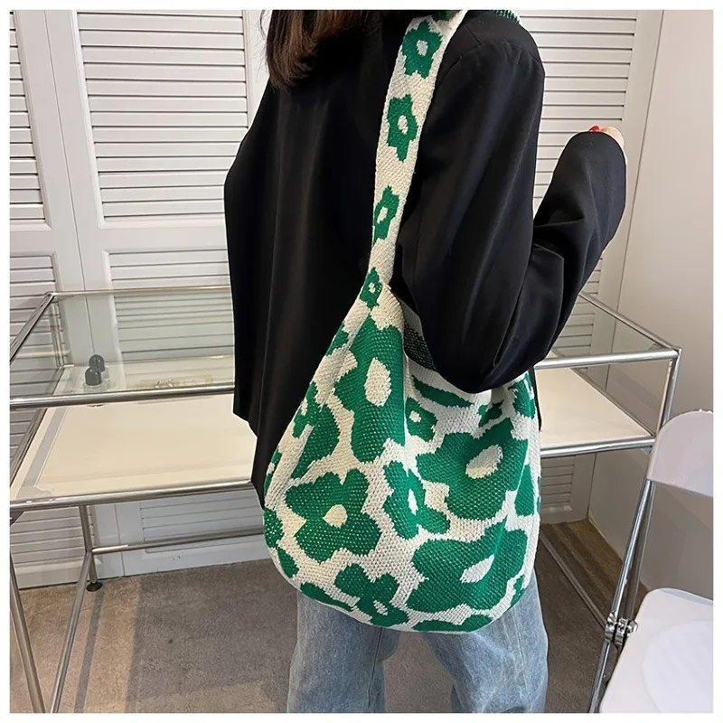 Green Floral Pattern Knitted Shoulder Bag Causal Comic Large Capacity Corduroy Crossbody Bag Women's Crochet Stretchy Hobo Bag