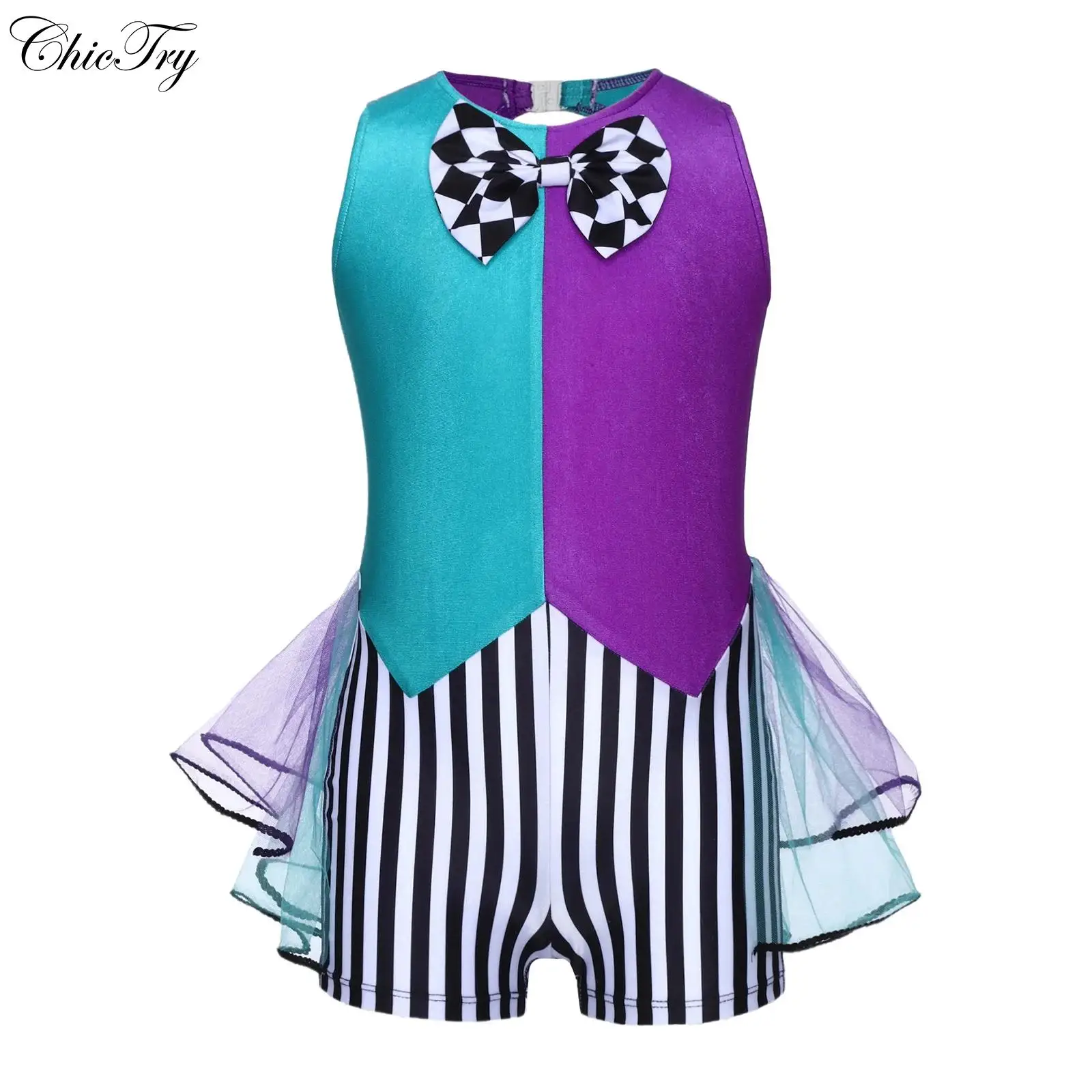 

Kids Girls Mad Hatter Cosplay Costume Halloween Fairytale Tea Party Tutu Dress Sleeveless Stripes Checkerboard Bow Knot Dress Up