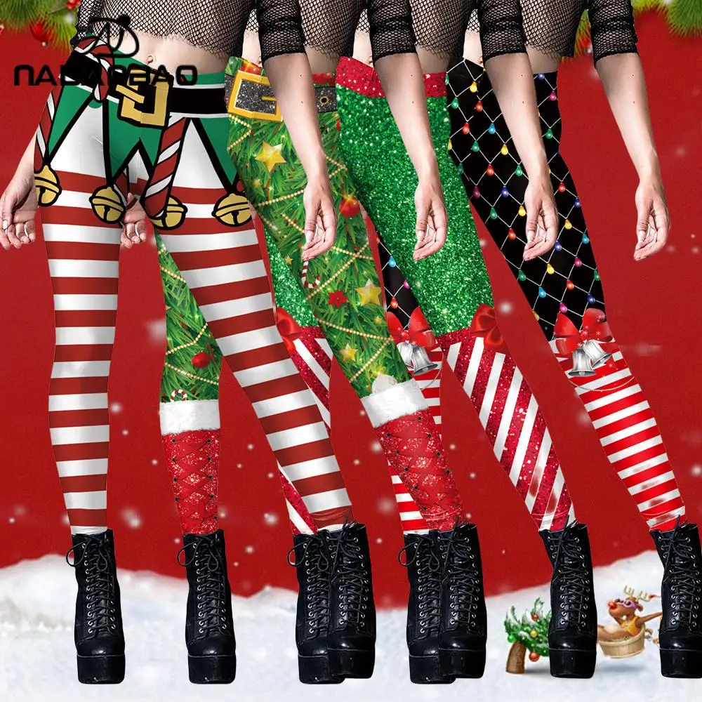 NADANBAO Elf Leggings Women Christmas Santa Claus Pants Snowflake 3D Digital Print Trousers Girls Sexy Tights Holiday Party Gift