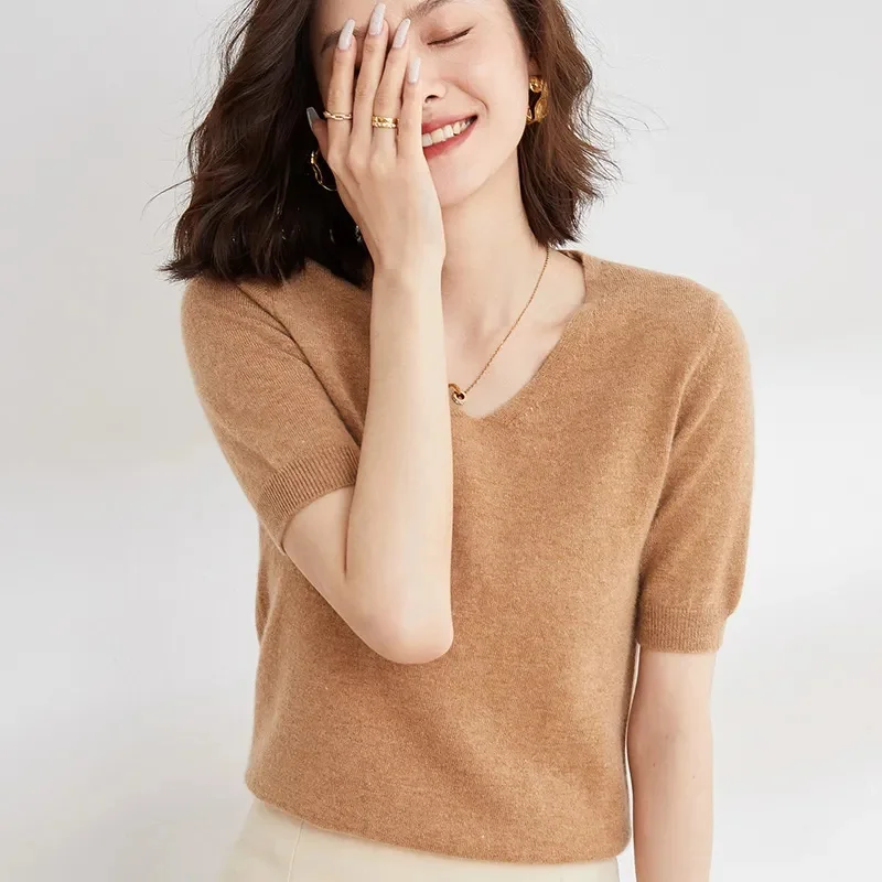 

Базовый летний тонкий трикотажный свитер с V-образным вырезом для женщин, облегающий, с коротким рукавом, в рубчик