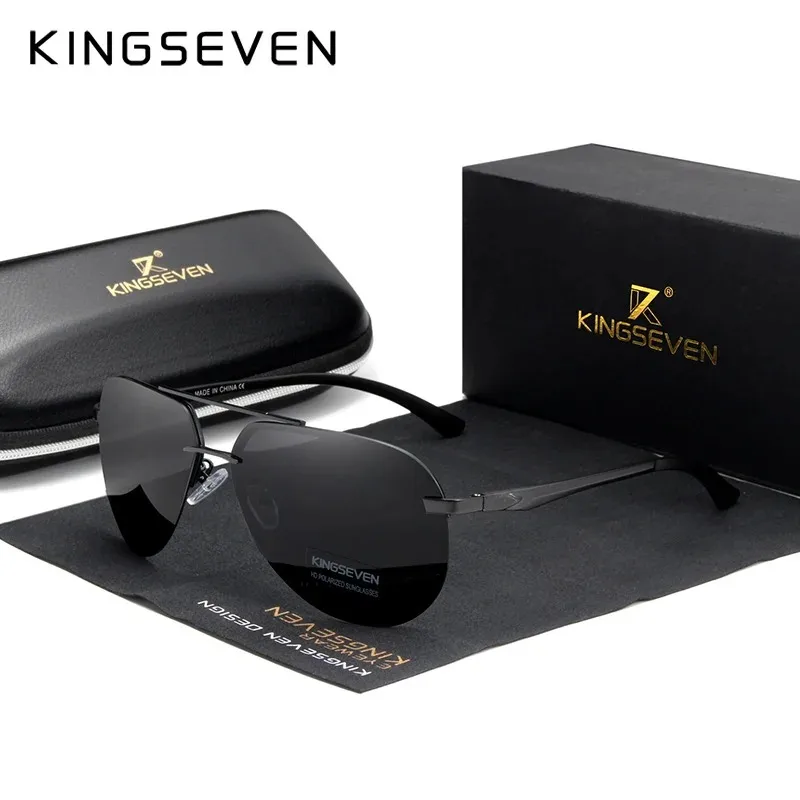 KINGSEVEN  Rimless Pilot Sunglasses Polarized UV400 Trendy Driving Men Women Glasses Retro Fashion Outdoor Eyewear
