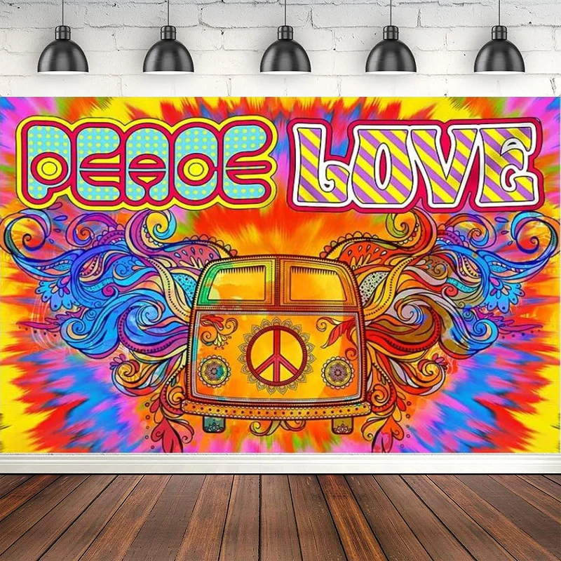 

Peace Love Photography Backdrop Fantasy Bus Tie-dye 60s 70s Hippie Background Theme Party Decor Photo Booth Studio Props